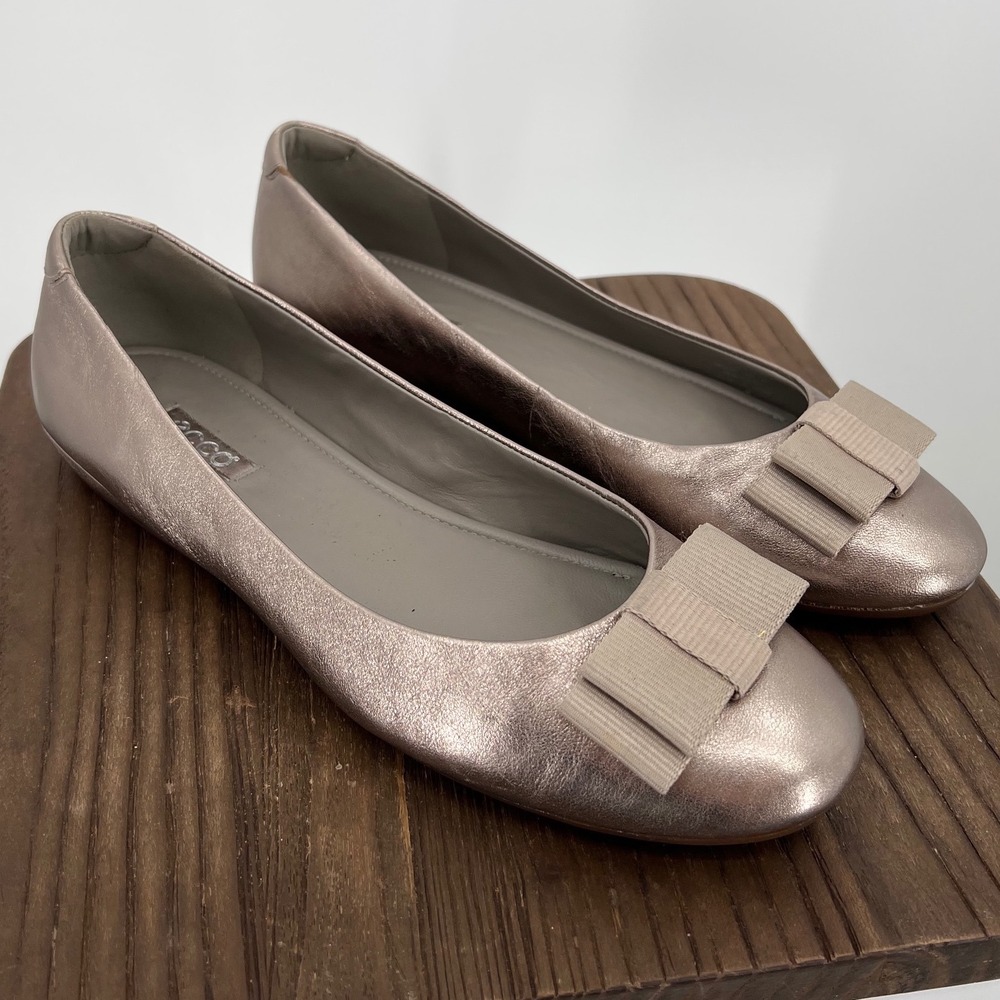 ECCO Metallic Pewter Bronze Leather Ballet Flat Grosgrain Bow EU 41 US 10 10.5
